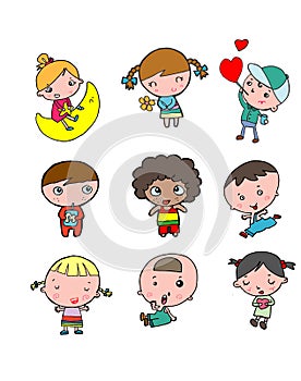 Happy kids cartoon collection. Multicultural children in different positions isolated on white background ,European children