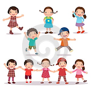 Happy kids cartoon holding hands and jumping