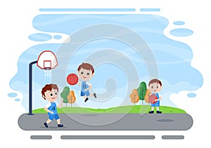 Happy Kids Cartoon Playing Basketball Flat Design Illustration Wearing Basket Uniform in Outdoor Court for Background or Poster