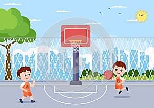 Happy Kids Cartoon Playing Basketball Flat Design Illustration Wearing Basket Uniform in Outdoor Court for Background or Poster