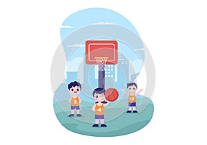 Happy Kids Cartoon Playing Basketball Flat Design Illustration Wearing Basket Uniform in Outdoor Court for Background or Poster