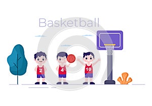 Happy Kids Cartoon Playing Basketball Flat Design Illustration Wearing Basket Uniform in Outdoor Court for Background or Poster