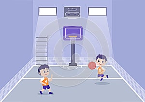 Happy Kids Cartoon Playing Basketball Flat Design Illustration Wearing Basket Uniform in Outdoor Court for Background or Poster