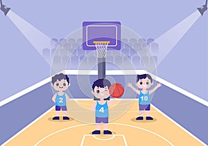 Happy Kids Cartoon Playing Basketball Flat Design Illustration Wearing Basket Uniform in Outdoor Court for Background or Poster