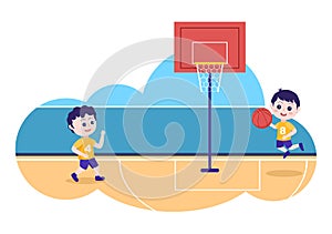 Happy Kids Cartoon Playing Basketball Flat Design Illustration Wearing Basket Uniform in Outdoor Court for Background or Poster