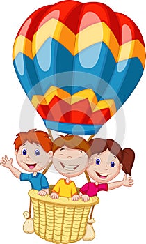 Happy kids cartoon riding a hot air balloon