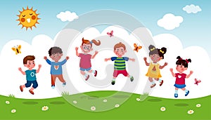 Happy kids. Children play in meadow. School summer day. Fun camp or kindergarten. Spring vacation. Cheerful boys and