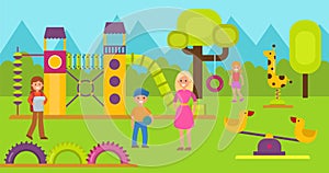 Happy kids on children playground vector illustration. Teen boy and girl with mothers or teacher walking and playing on