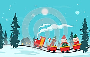 Happy Kids Children Playing Train Winter Christmas Illustration