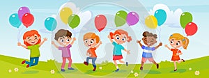 Happy kids with colorful balloons in their hands playing celebrating a birthday