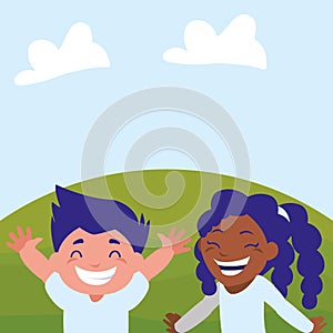 Happy kids couple in the camp interracial characters