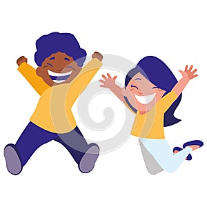 Happy kids couple celebrating interracial characters