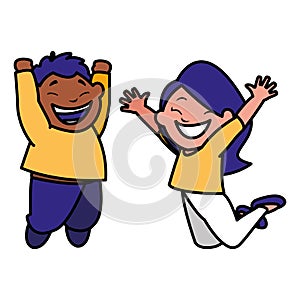 Happy kids couple celebrating interracial characters