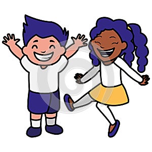 Happy kids couple celebrating interracial characters