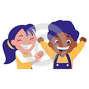 Happy kids couple celebrating interracial characters