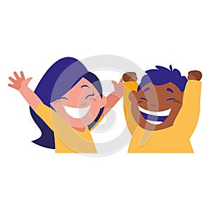 Happy kids couple celebrating interracial characters