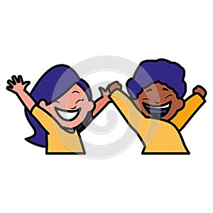 Happy kids couple celebrating interracial characters