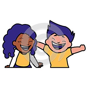 Happy kids couple celebrating interracial characters