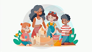 Multicultural Kids Building Sandcastle photo