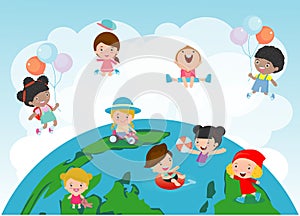 Happy Kids Of Different Nationalities on a globe, Group of children Playing on Top of a Globe, Vector illustration