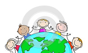 Happy kids and earth,cartoon,on white background