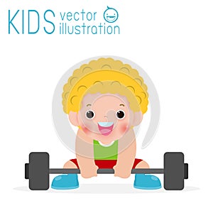 Happy kids exercising weight lifting. isolated on white background, children and sport Vector Illustration.