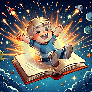 Happy kids on floating book in cloudy sky with fantasy sci-fi illustration