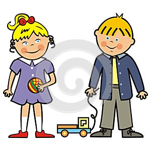 Happy kids, girl, boy and toys, vector icon