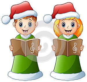 Happy kids in green santa costume singing christmas carols