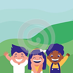 Happy kids group in the camp interracial characters