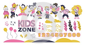 Happy kids group smiling, jumping, celebrating. Decor elements set: air balloons, stars, clouds, numbers. Hand drawn style.