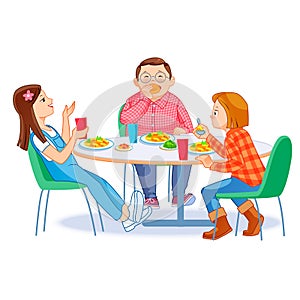 Happy kids having breakfast by themselves. Two girls and boy eating morning meals at table. Child nutrition concept