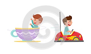 Happy kids having fun in amusement park set. Boy and girl riding teacup carousel and bumper car cartoon vector