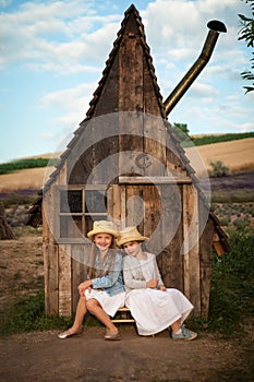 Happy kids having fun hiding in a fantasy wooden playhouse