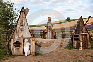 Happy kids having fun hiding in a fantasy wooden playhouse