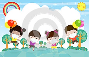 Happy Kids Holding balloon jumping at the meadow, children playing Running together, child wear face mask protect corona virus