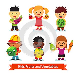 Happy kids holding smiling fruits and vegetables