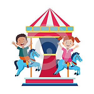 Happy kids in a horse carousel icon