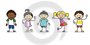 Happy kids illustration playing and dancing children, vector