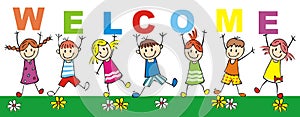 Happy kids with inscription welcome, vector illustration