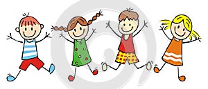 Happy kids, jumping girls and boys, funny vector illustration