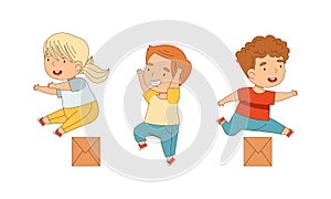 Happy kids jumping set. Joyful boys and girl playing together and having fun cartoon vector illustration