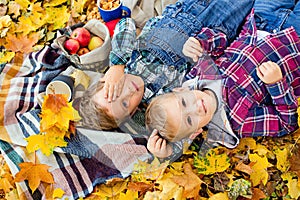 Happy kids laying on the autumn leaves on the blanket. Funny children outdoors in the autumn Park. Picnic in nature