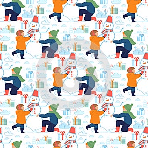 Happy Kids Make Snowman on Winter Seamless Pattern