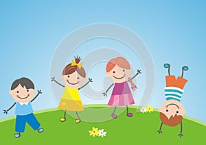 Happy kids on meadow, blue background, eps.