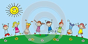 Happy kids on the meadow, group of children, vector illustration