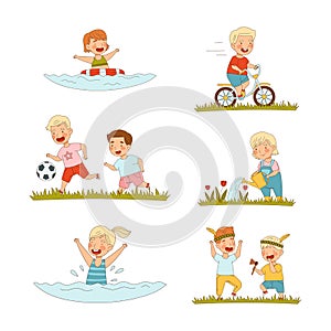 Happy kids performing summer outdoor activities set. Cute boys and girls swimming, riding bike, playing ball cartoon