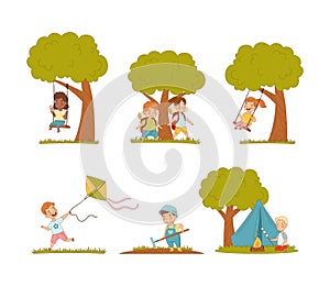 Happy kids performing summer outdoor activities set. Cute boys and girls swinging, camping, flying kite cartoon vector