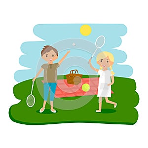 Happy kids picnic resting. Boy and girl outdoors on summer picnic. Vector Illustration.