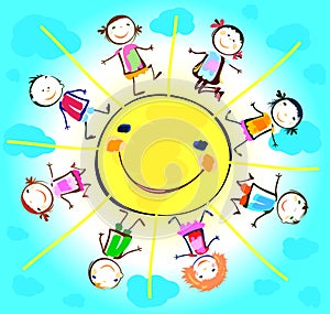 Happy kids playing around sun